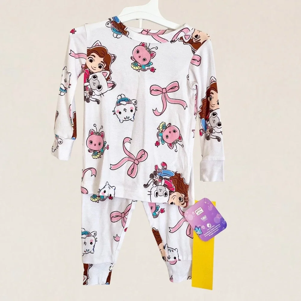 DreamWorks Gabbys Dollhouse Baby Girls 2PC‎ Pajama Set White Pink 12M NWT